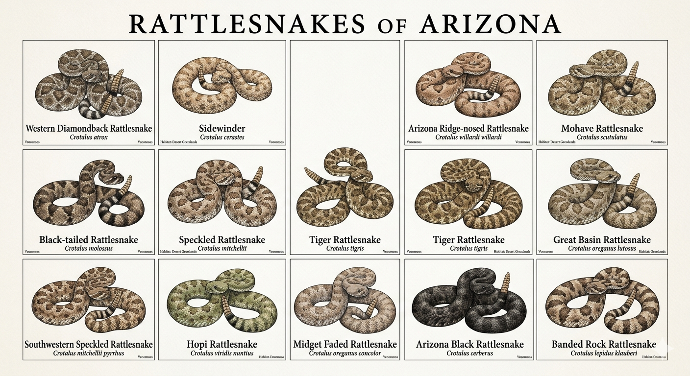 Poster titled Rattlesnakes of Arizona showing 15 labeled illustrations of rattlesnake species with common and scientific names.