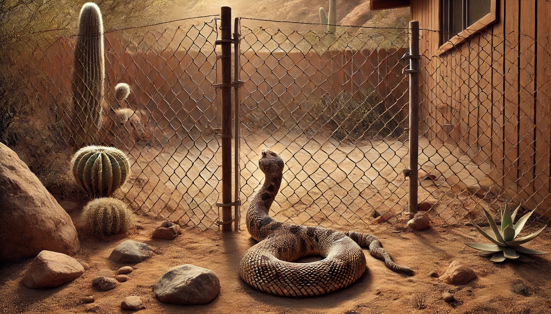 Rattlesnake resting outside a well-installed snake fence.