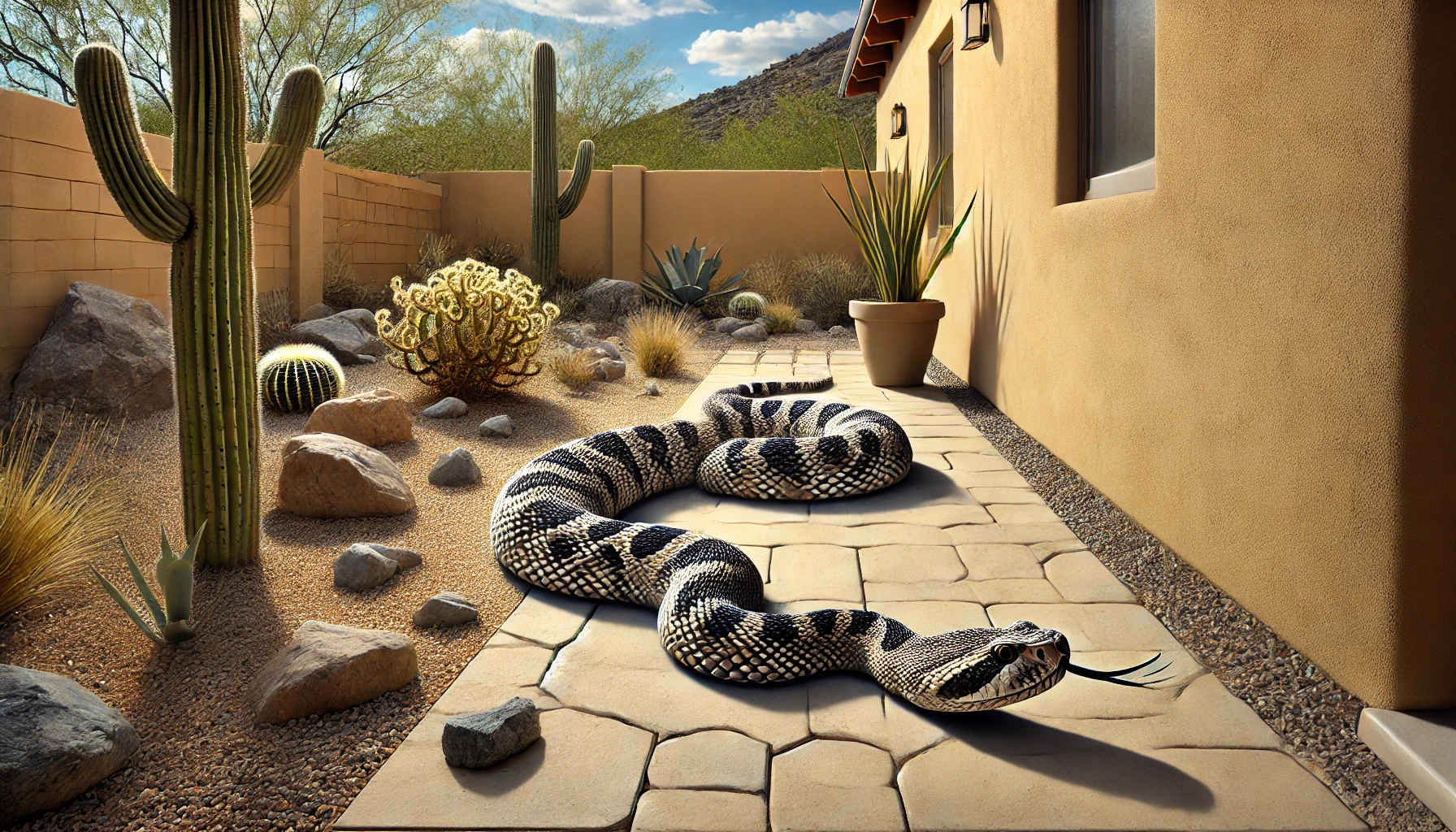 A rattlesnake inside a backyard in Tucson, AZ.