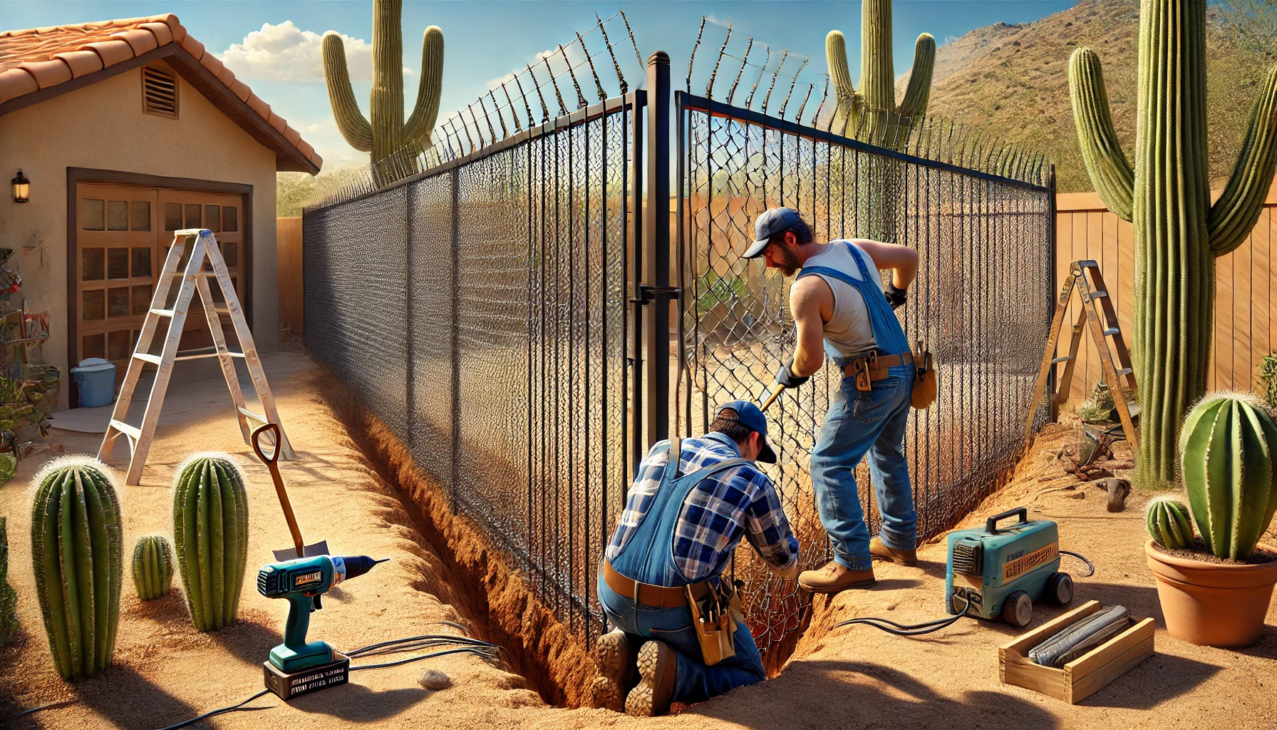 Two men installing snake fence in Tucson, AZ.