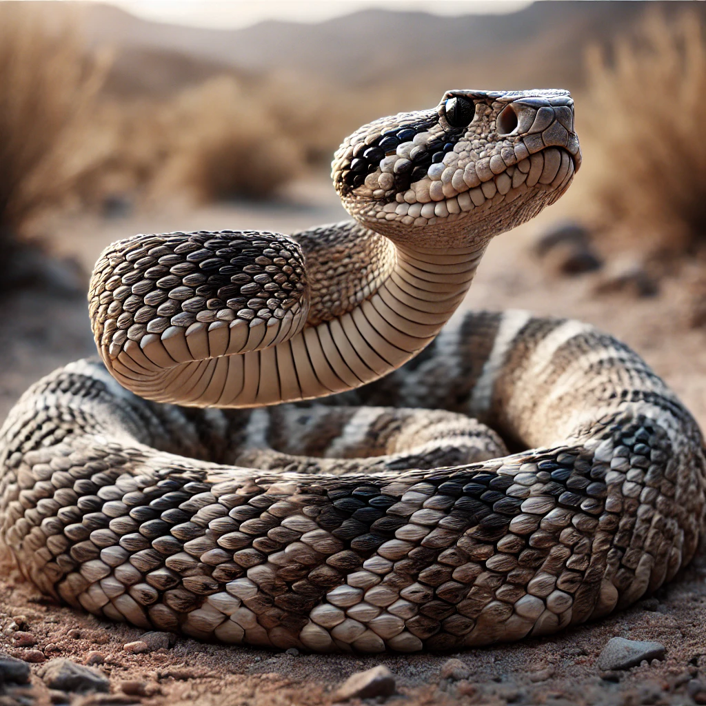 Close-up view of a rattlesnake in the desert.