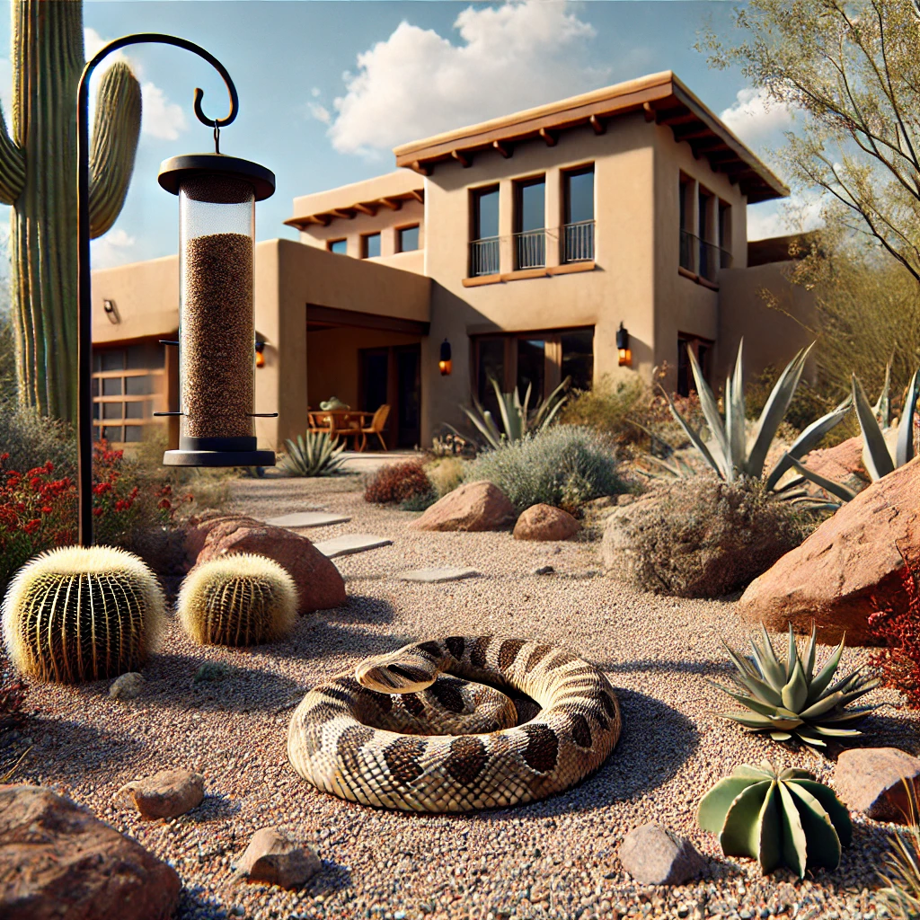 Tucson, AZ home during a sunny day, featuring a rattlesnake hidden subtly in the desert landscaping near rocks.